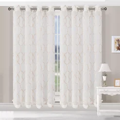 Superior Embroidered Pair Of 2 Lattice Sheer Grommet Window Curtain Panels