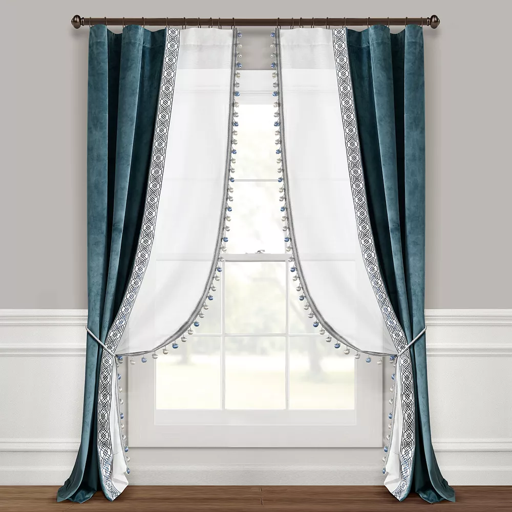 Lush Décor Lush Decor Luxury Vintage Velvet & Sheer With Border Pom-Pom Trim Window Curtain Panel 3 Lush Décor Lush Decor Luxury Vintage Velvet & Sheer With Border Pom-Pom Trim Window Curtain Panel