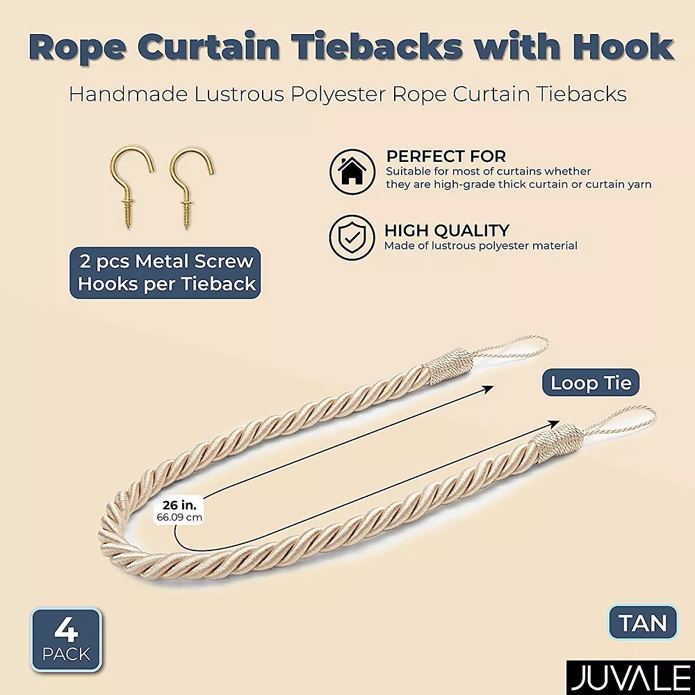 Okuna Outpost Tan Rope Curtain Tiebacks With Hooks, Holdbacks For Drapes (26 In, 2 Pairs) 4 Okuna Outpost Tan Rope Curtain Tiebacks With Hooks, Holdbacks For Drapes (26 In, 2 Pairs) - Image 2