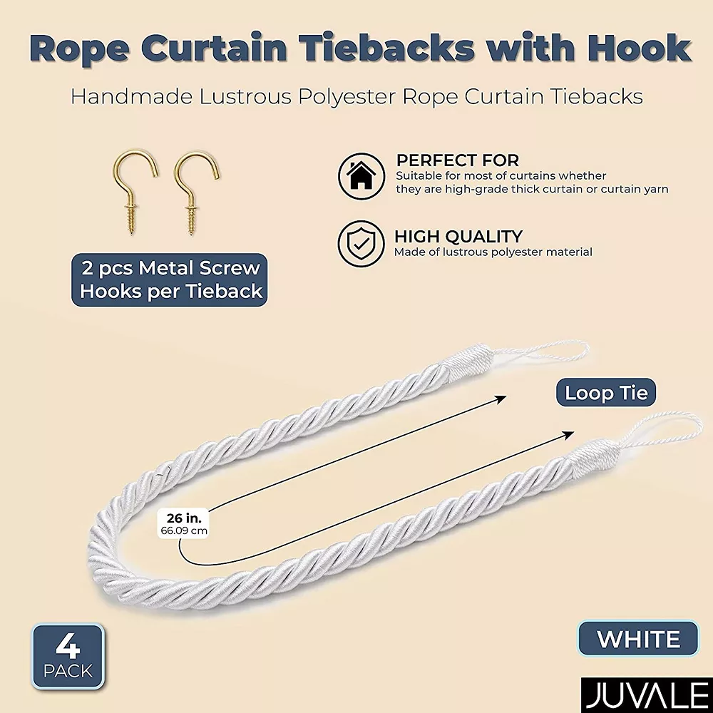 Okuna Outpost White Rope Curtain Tiebacks With Hooks, Holdbacks For Drapes (26 In, 2 Pairs) 4 Okuna Outpost White Rope Curtain Tiebacks With Hooks, Holdbacks For Drapes (26 In, 2 Pairs) - Image 2