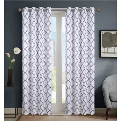 Kate Aurora Montauk Accents 2 Piece White & Gray Trellis Light Filtering Modern Geometric Grommet Top Window Curtains